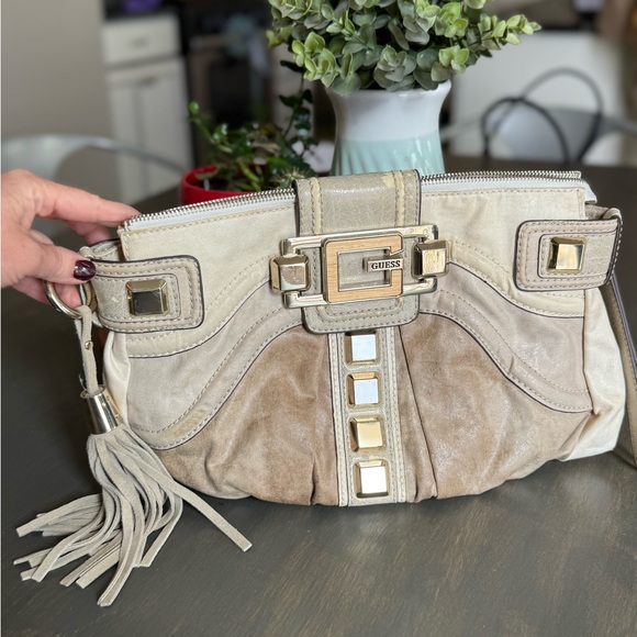 Guess Buckle Logo Tassel Bag Beige Metallic Studded Purse - Picture 1 of 16
